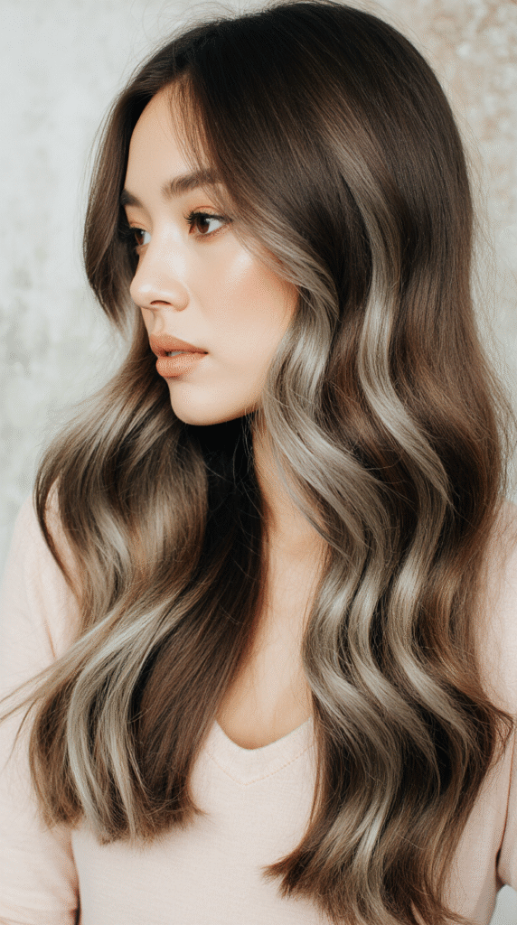 20 Chic Brown Hair with Silver Highlights Ideas 7 Long Brown Waves with Silver Sheen