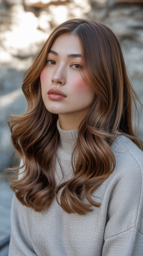 24 Winter Balayage Ideas for Brunettes 7 Long Brunette Waves with Caramel Highlights