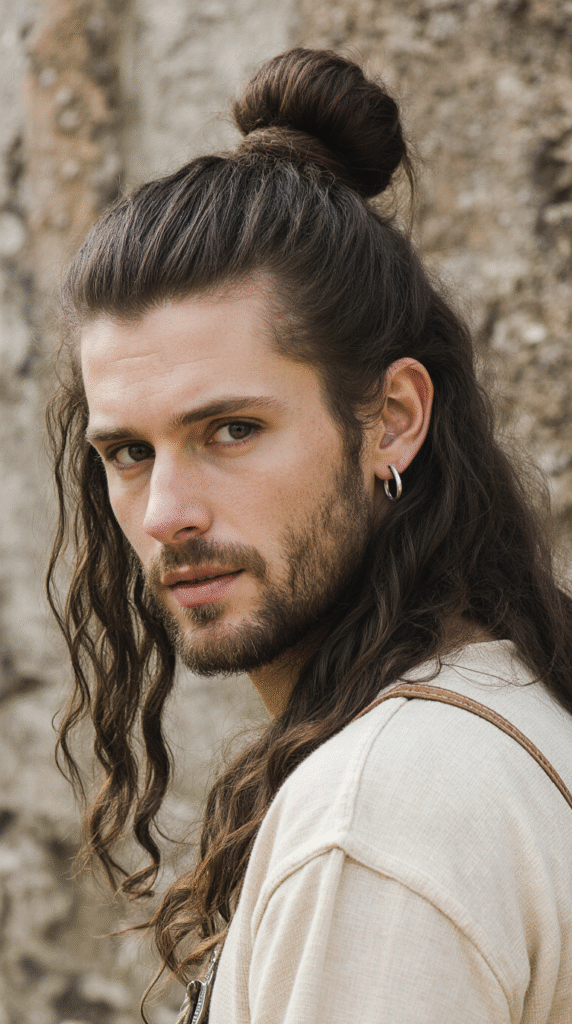 22 Pirate Hairstyles for Men 14 Long Half Up Half Down Bun with One Side Tucked Behind the Ear