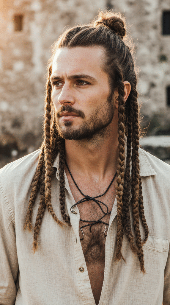 22 Pirate Hairstyles for Men 15 Long Half Up Half Down with Few Thin Decorated Braids