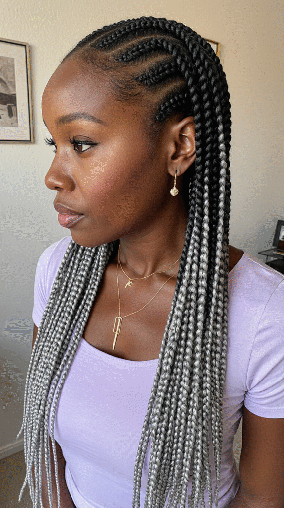 Long Micro Braids with Gray Highlights