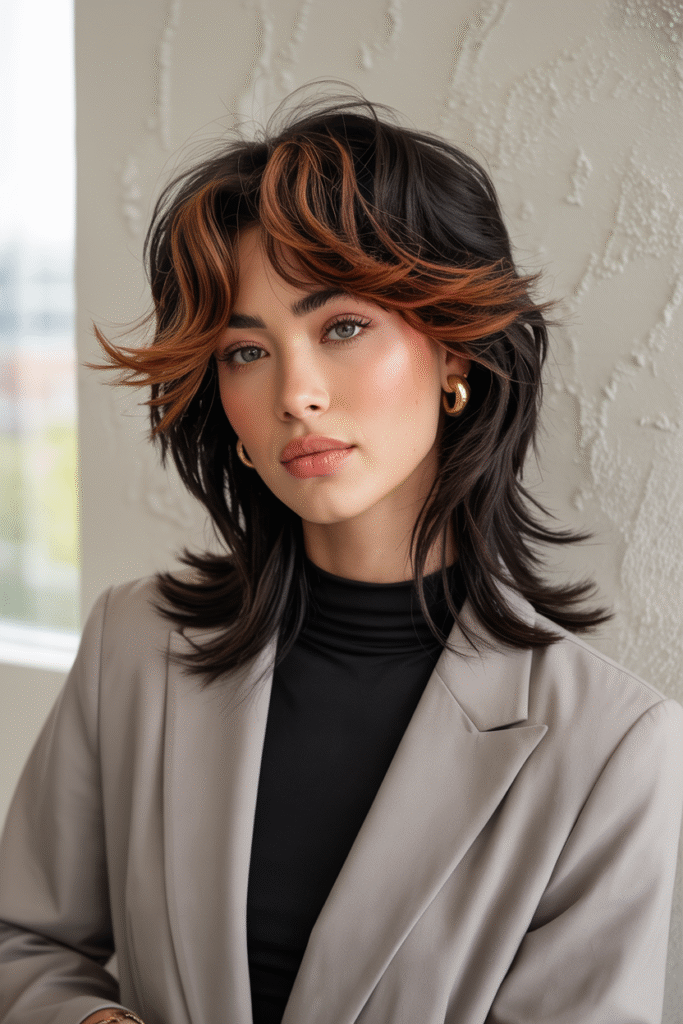 27 Inspiring Black Hair with Brown Highlights Ideas 9 Long Shag with Fiery Brown Streaks