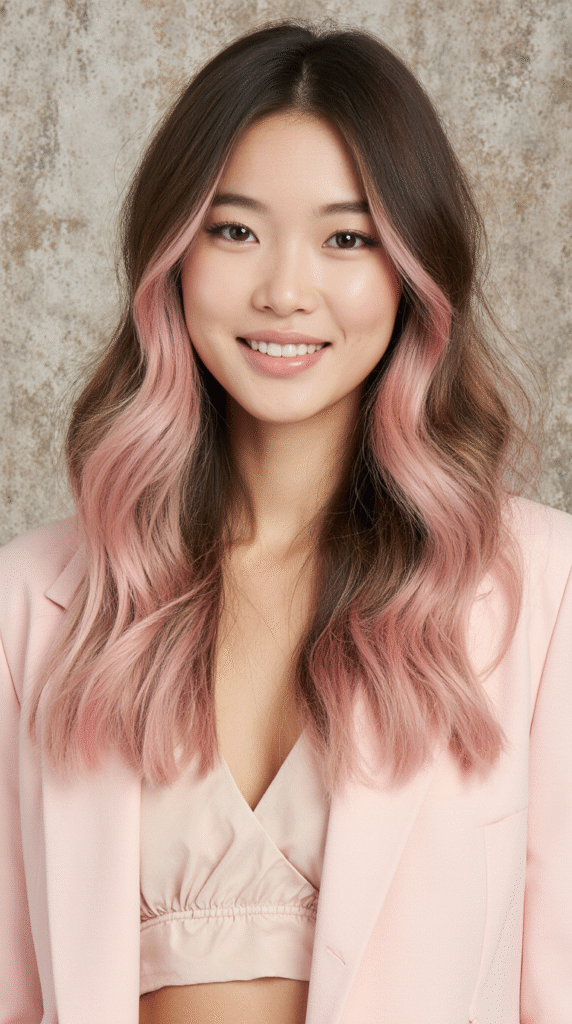 16 Pretty Pink Highlights in Brown Hair 7 Long Waves with Pastel Pink Highlights