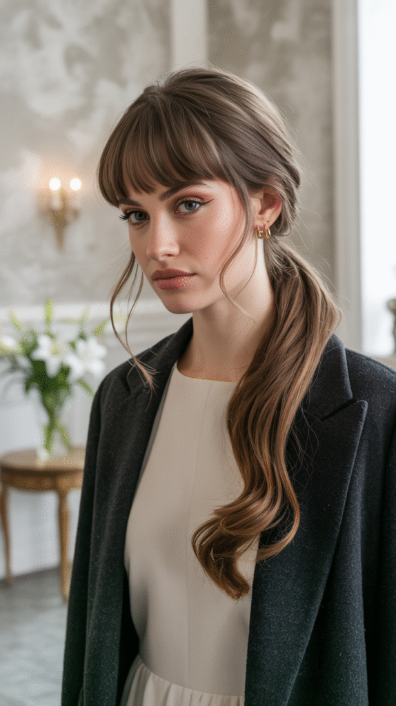 21 Sleek Ponytail Hairstyles 15 Low Sleek Ponytail with Long Blunt Bangs and Face Framing Tendrils Ideal for Round Faces
