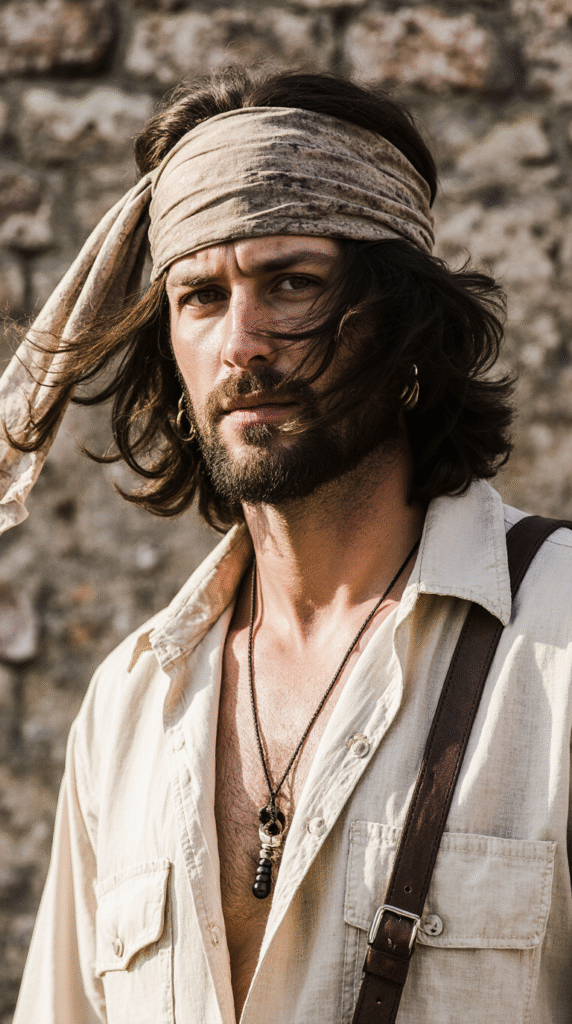 22 Pirate Hairstyles for Men 18 Medium Length Hair with Free Locks Flowing Over a Bandana