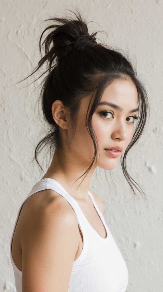 30 Top Basketball Hairstyles 22 Messy Top Knot with Loose Tendrils