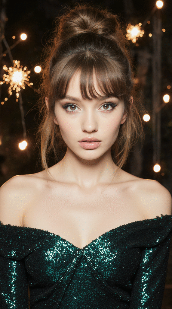 23 New Year’s Hairstyles for Short Hair 24 Messy Top Knot with Wispy Bangs