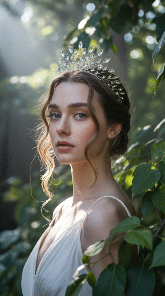 19 Fairy Hairstyles 16 Messy Wavy Updo with Centerpiece Floral Tiara and Pointy Ear Cuffs