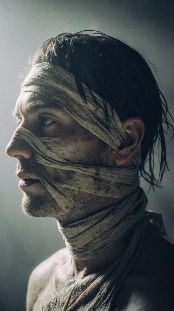 19 Halloween Hairstyles for Men 9 Mummy Hair Partially Wrapped in Bandages with Some Loose Strands