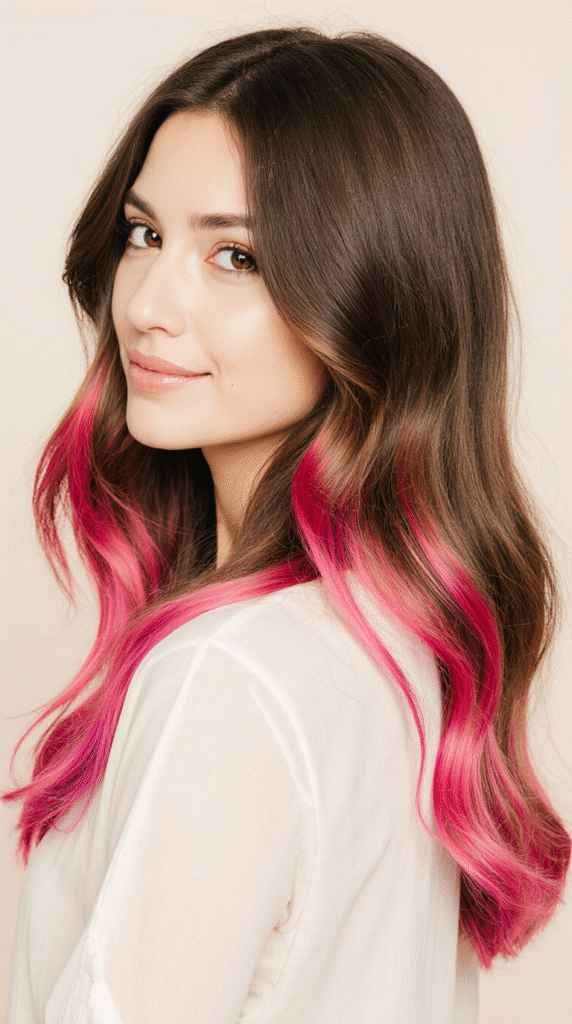 16 Pretty Pink Highlights in Brown Hair 2 Ombre Waves with Vibrant Pink Ends