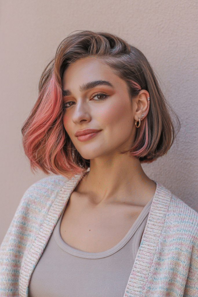 16 Pretty Pink Highlights in Brown Hair 10 Pink Textured Bob