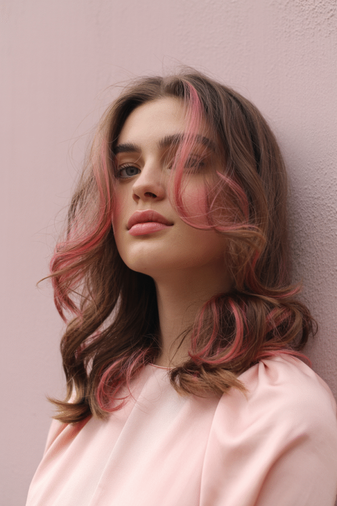 16 Pretty Pink Highlights in Brown Hair 16 Pink Wavy Layers on Brown Hair
