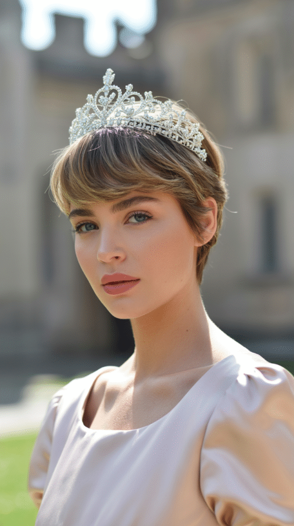 15 Dreamy Princess Hairstyles 5 Pixie Cut with Ornate Tiara