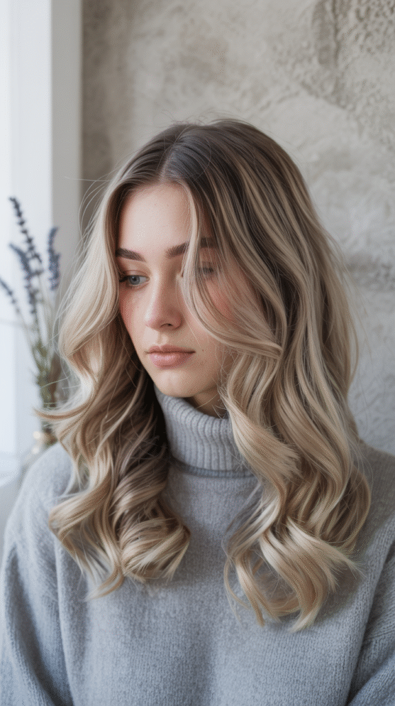 Platinum Blonde Balayage with Dark Roots
