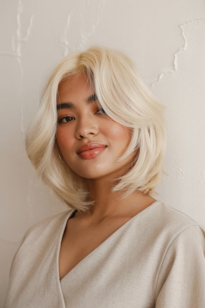 22 Flattering Hair Color Ideas for Brown Skin 11 Platinum Blonde Bob with Soft Layers