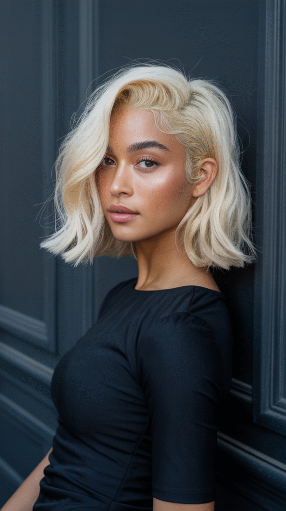 22 Flattering Hair Color Ideas for Brown Skin 5 Platinum Blonde Lob with Tousled Texture
