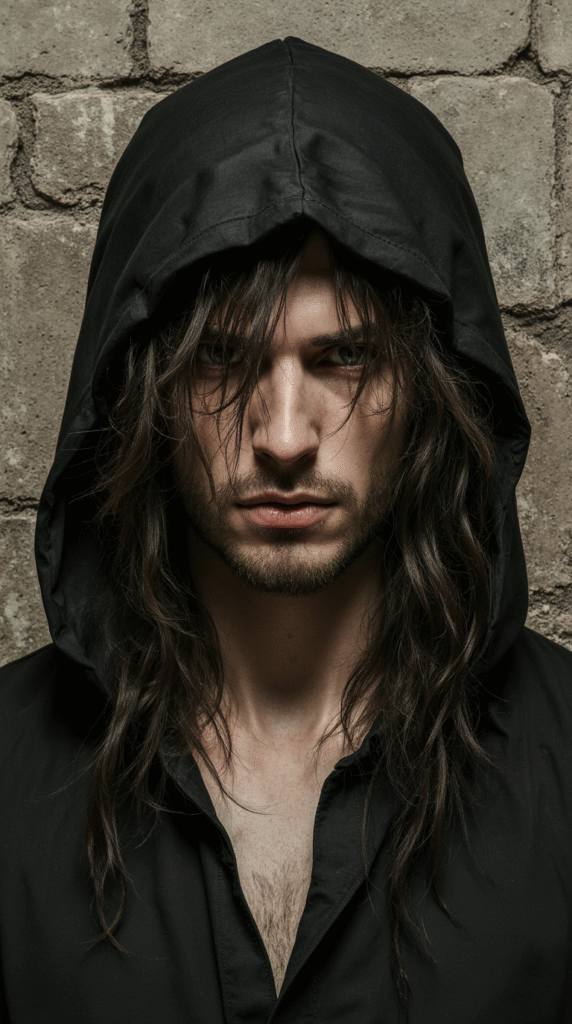 19 Halloween Hairstyles for Men 11 Possessed Long Messy Hair with a Hood