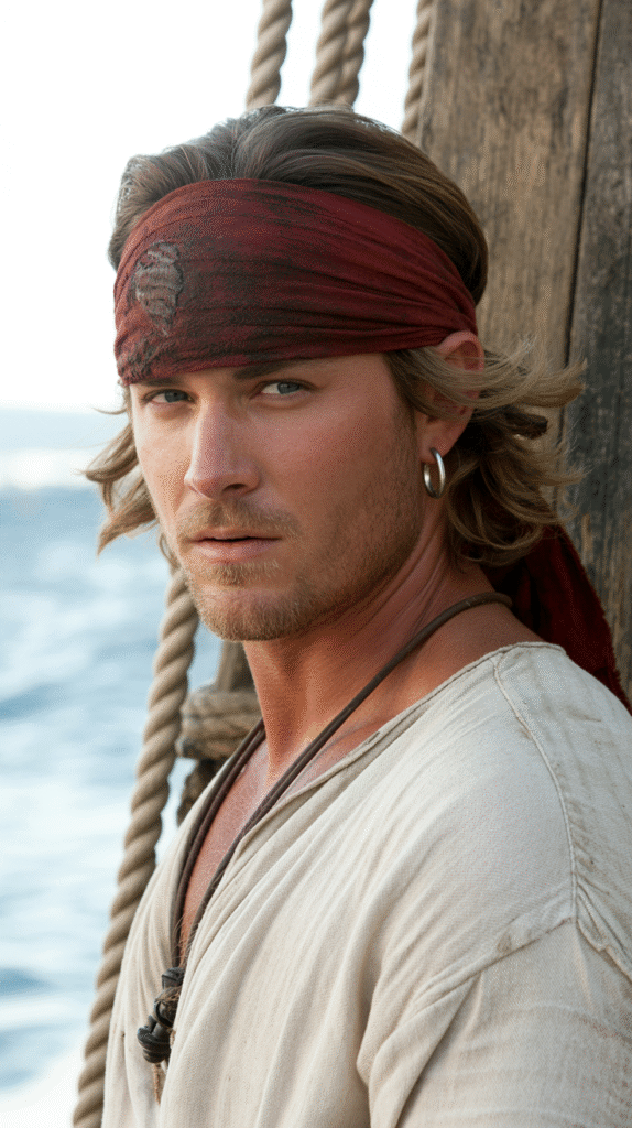 22 Pirate Hairstyles for Men 20 Pushed Back Medium Hair with Bandana