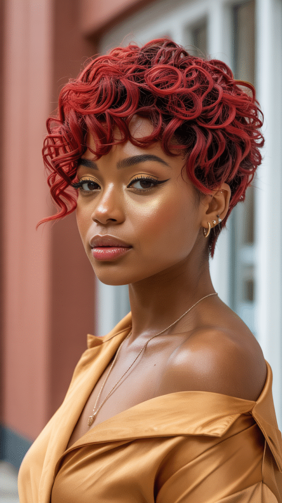 15 Trendy Pixie Hairstyles for Black Women 10 Red Curly Pixie with Bangs