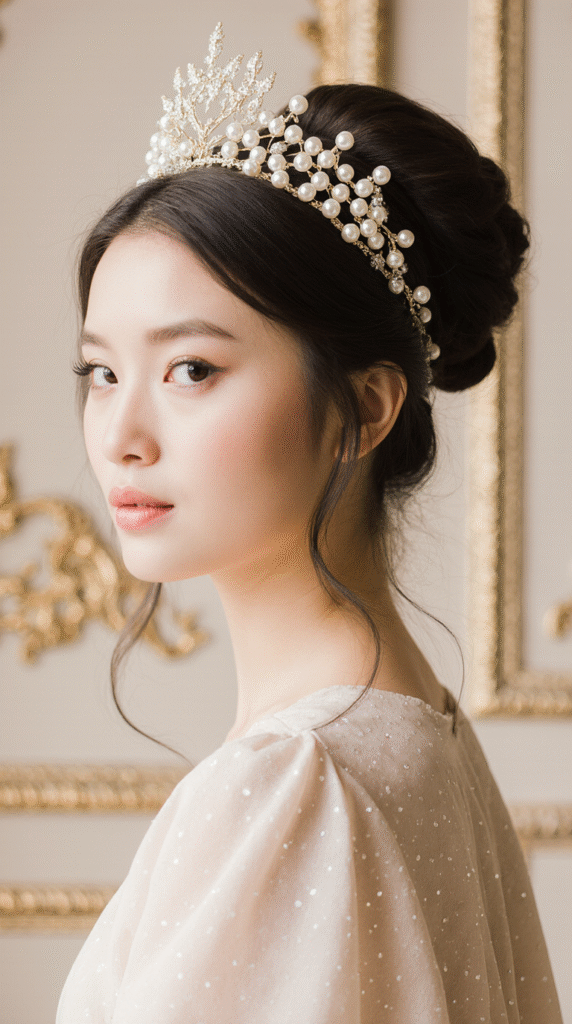 15 Dreamy Princess Hairstyles 11 Regal Updo with Pearl Crown