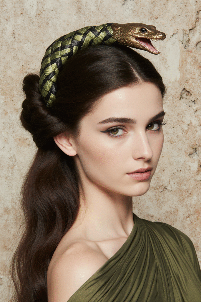 17 Medusa Hair Ideas 18 Regal Updo with Snake Headpiece and Ribbons