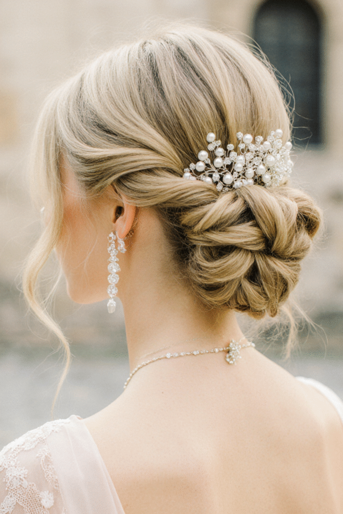 15 Dreamy Princess Hairstyles 13 Romantic Twisted Updo with Crystal Headpiece