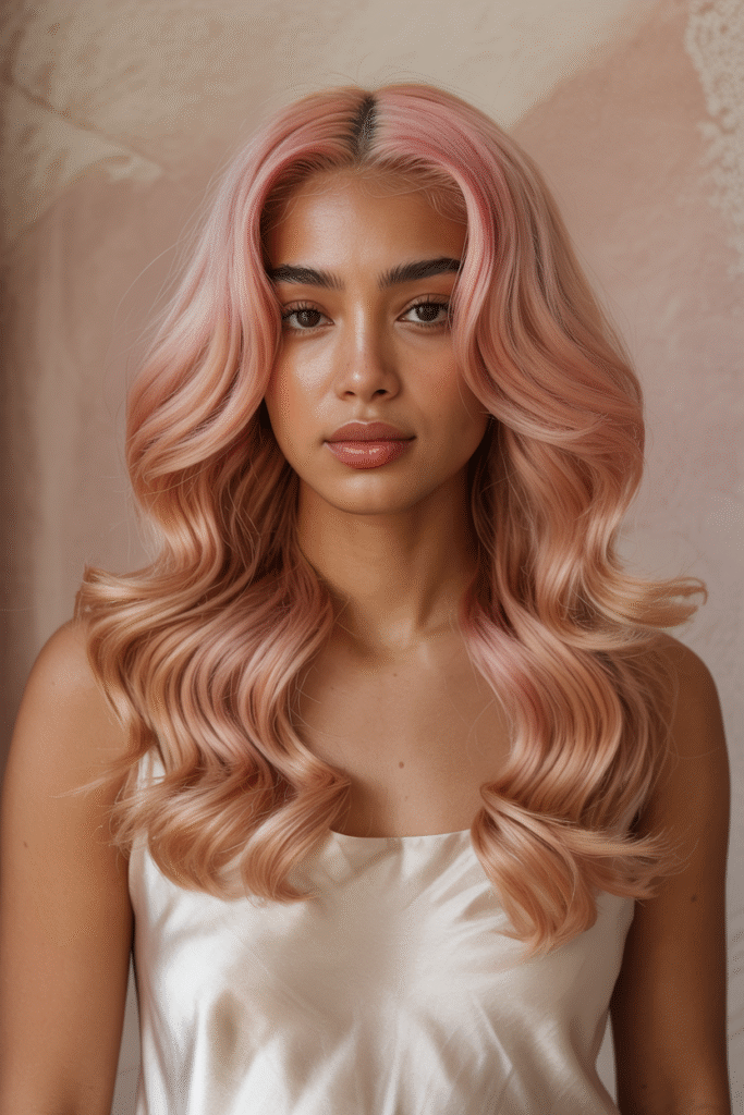 22 Flattering Hair Color Ideas for Brown Skin 9 Rose Gold Waves with Subtle Pink Tones 1