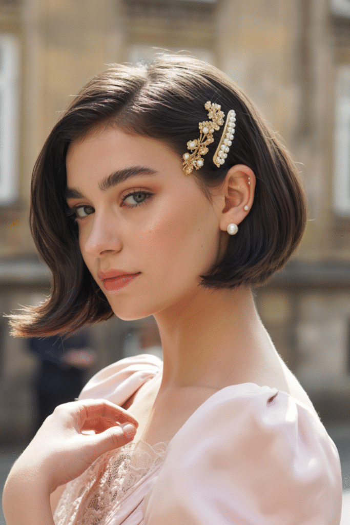 29 Formal Hairstyles for Short Hair 22 Short Bob with Decorative Hair Clips