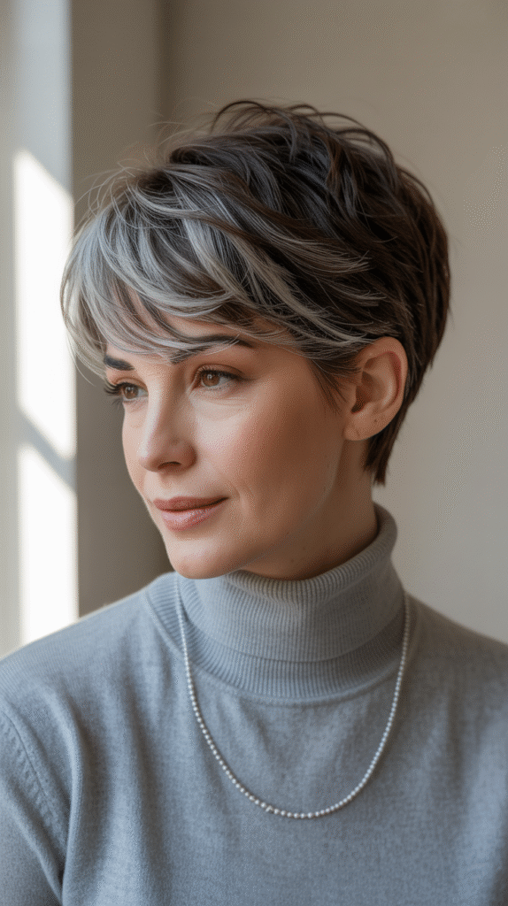20 Chic Brown Hair with Silver Highlights Ideas 14 Short Pixie with Dark Brown and Silver Tones
