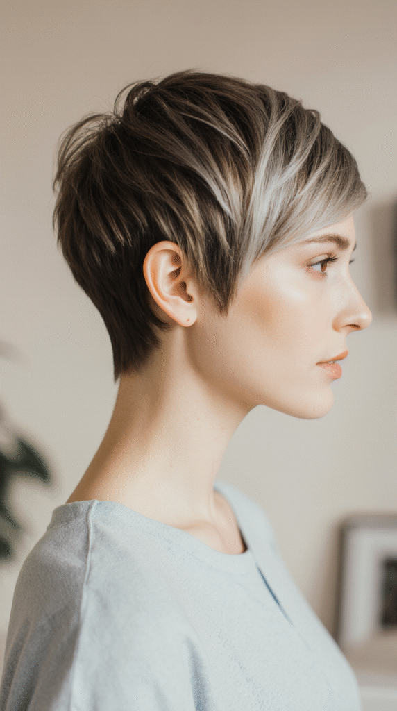 20 Chic Brown Hair with Silver Highlights Ideas 11 Short Pixie with Silver Layers