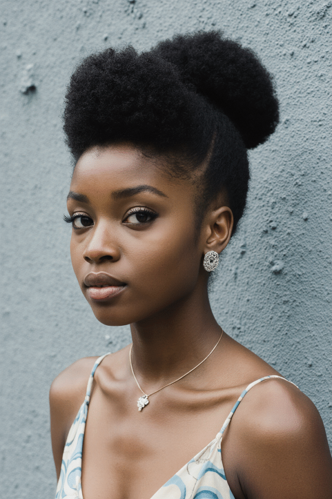 17 Awkward Length 4c Hairstyles 12 Short Puff Ponytail with Voluminous Raised Top