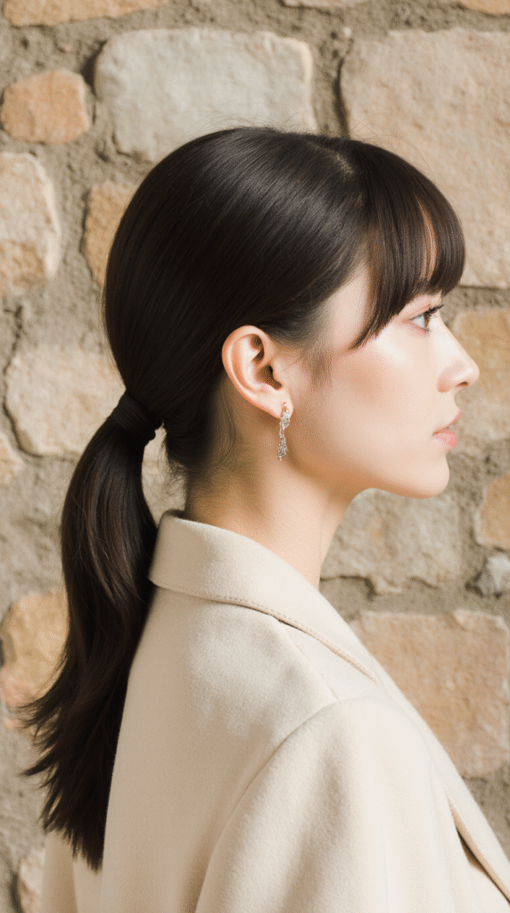 21 Sleek Ponytail Hairstyles 19 Short Sleek Ponytail with Choppy Bangs