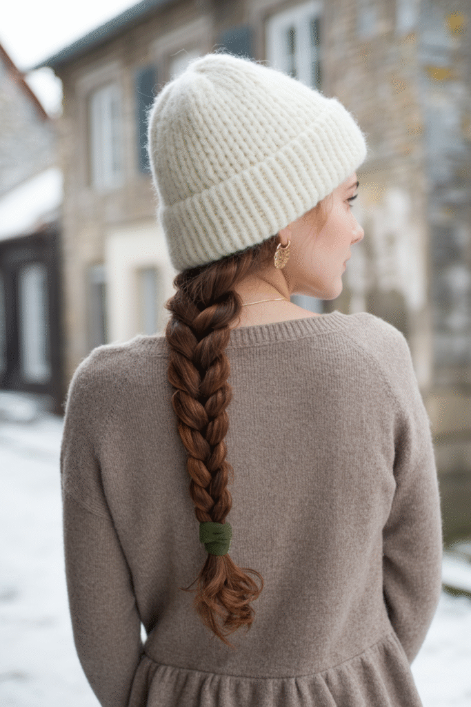 25 Mastering Beanie Hairstyles 23 Single Braid with a Beanie