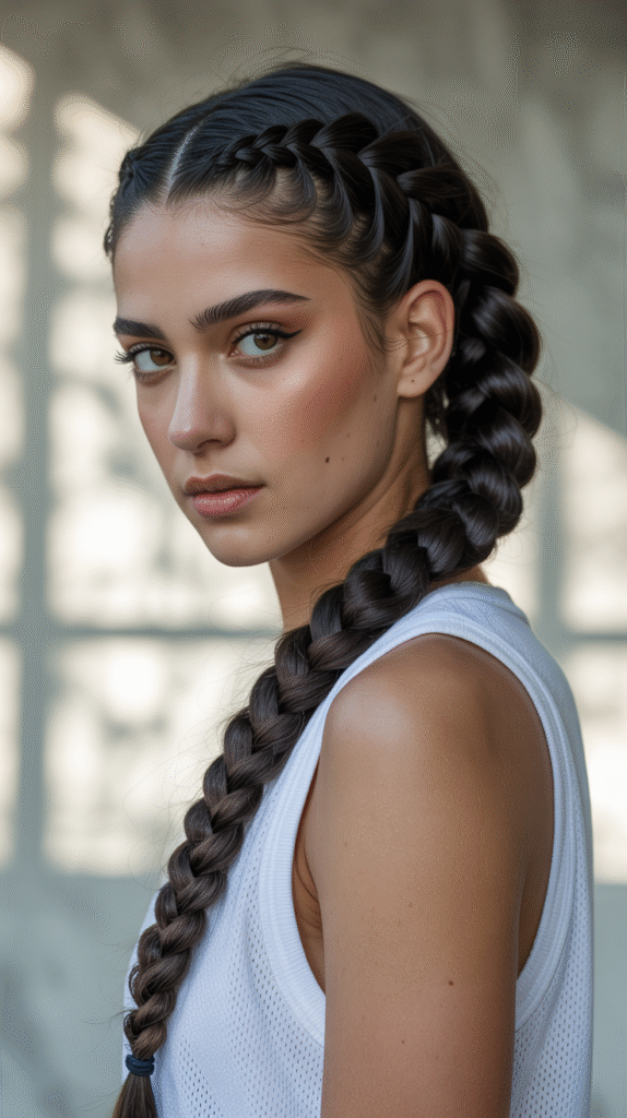 30 Top Basketball Hairstyles 23 Single Dutch Braid with Defined Baby Hairs