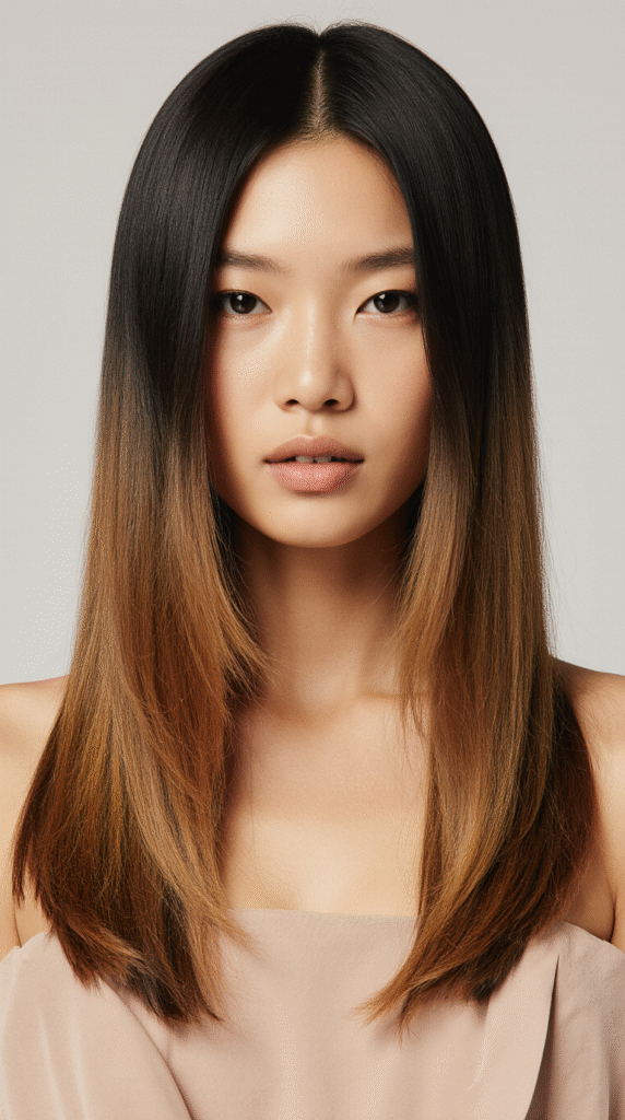 27 Inspiring Black Hair with Brown Highlights Ideas 3 Sleek Black Hair with Caramel Brown Balayage