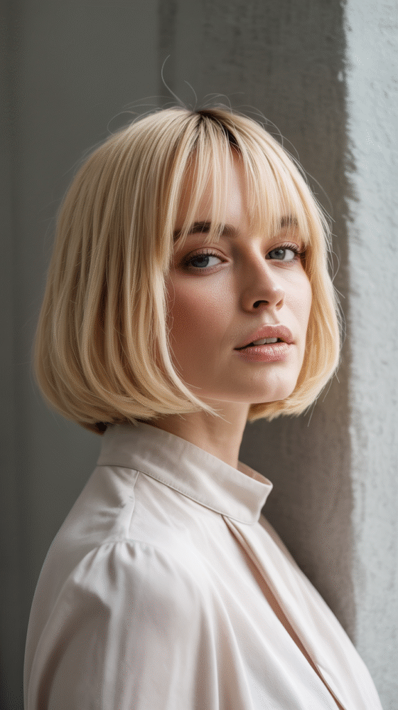 15 Chic Bob Hairstyles with Bangs 12 Sleek Blonde Bob with Light Bangs