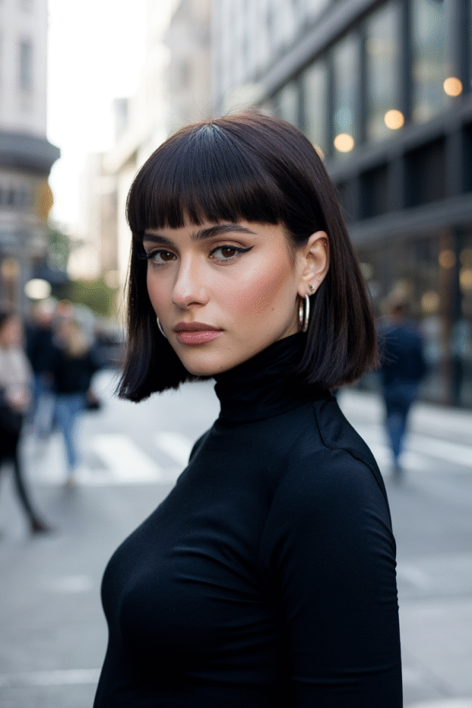 19 Flawless Fine Hair with Bangs Hairstyles 14 Sleek Blunt Bob with Thick Bangs