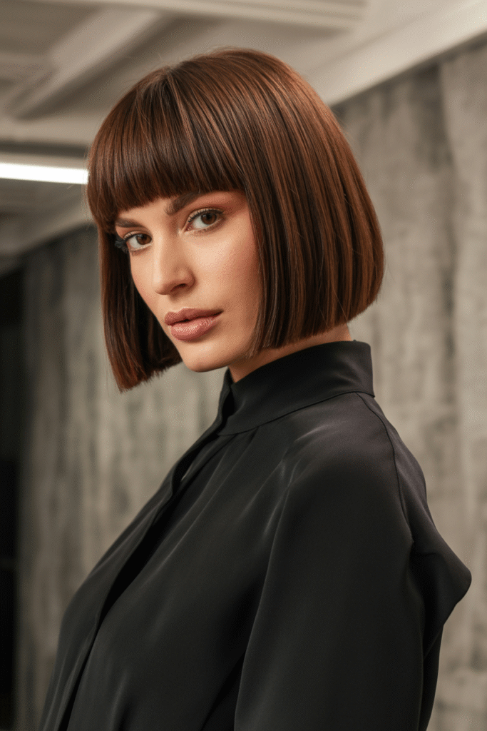 17 Trendy Brown Bob Hairstyles 18 Sleek Bob with Full Bangs