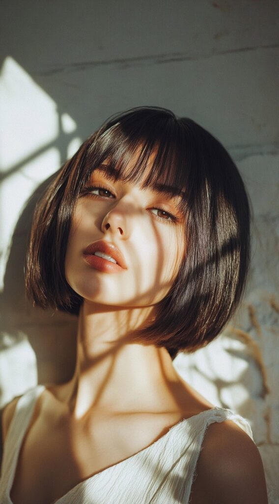 27 Chic Bob Hairstyles with Bangs: Fresh Ideas for a Modern and Flattering Look 27 Sleek Bob with Wispy Bangs 1