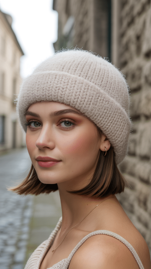 25 Mastering Beanie Hairstyles 8 Sleek Bob with a Beanie