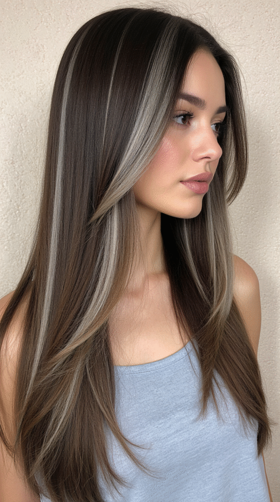 20 Chic Brown Hair with Silver Highlights Ideas 18 Sleek Brown Hair with Silver Streaks