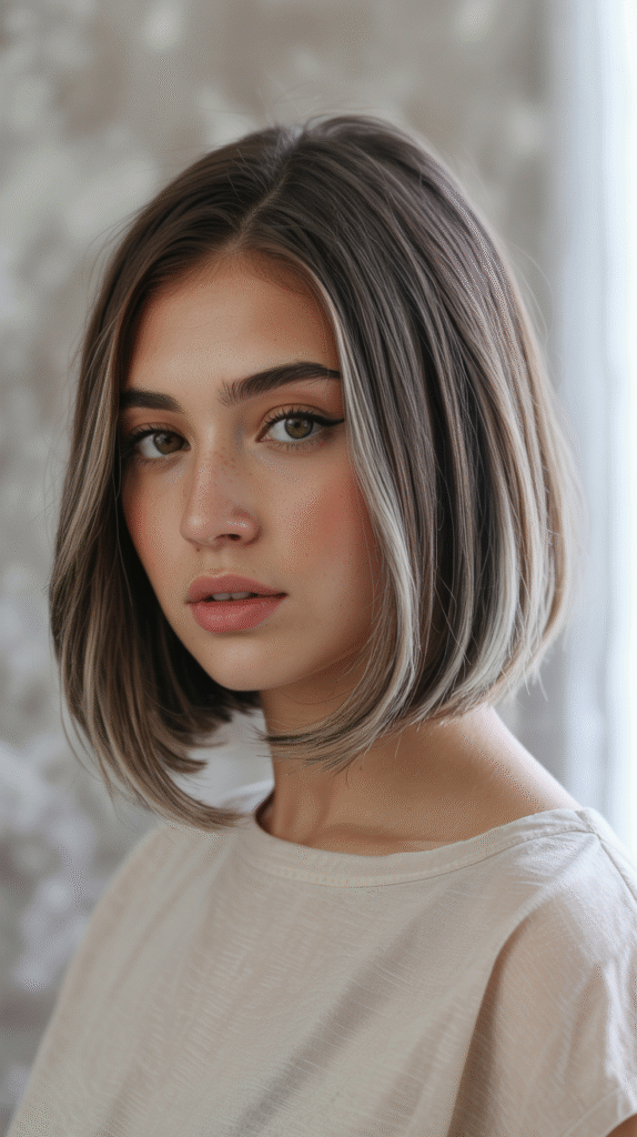 20 Chic Brown Hair with Silver Highlights Ideas 13 Sleek Brown Roots Bob with Silver Highlights