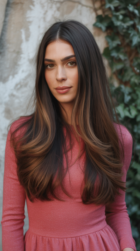 17 Dark Caramel Balayage Ideas: 12 Sleek Dark Caramel Balayage on Long Hair