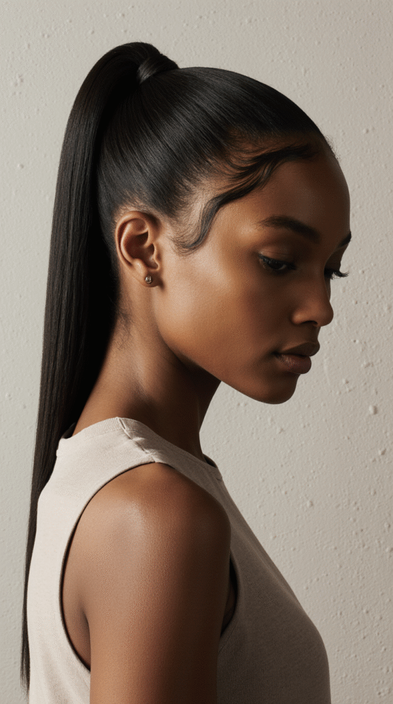 15 Straight Hairstyles for Black Women 8 Sleek High Ponytail with Sculpted Baby Hairs