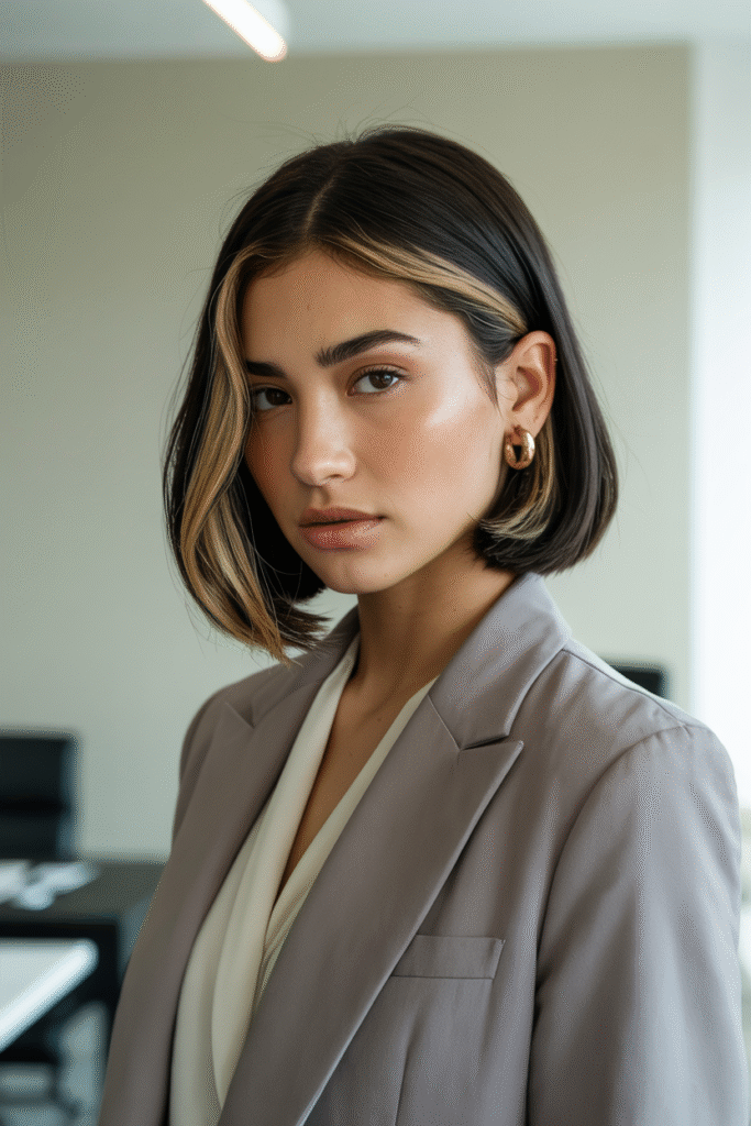 27 Inspiring Black Hair with Brown Highlights Ideas 10 Sleek Inverted Bob with Light Brown Underlights