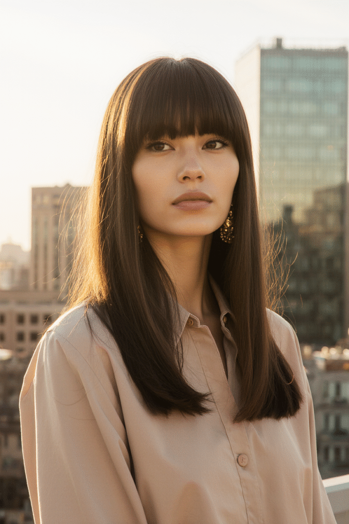 19 Flawless Fine Hair with Bangs Hairstyles 8 Sleek Long Hair with Full Bangs