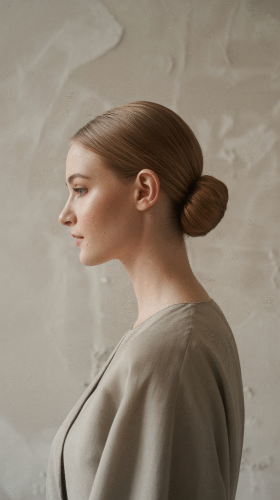 24 Gorgeous Straight Hairstyles 15 Sleek Low Bun with Middle Part 1