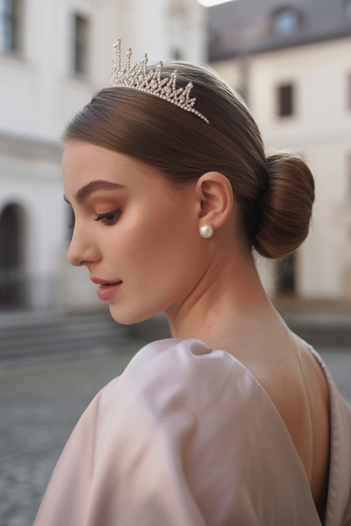 15 Dreamy Princess Hairstyles 7 Sleek Low Bun with Rhinestone Tiara