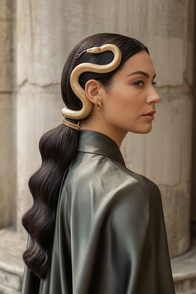 17 Medusa Hair Ideas 13 Sleek Low Ponytail with Wrapped Serpent 2