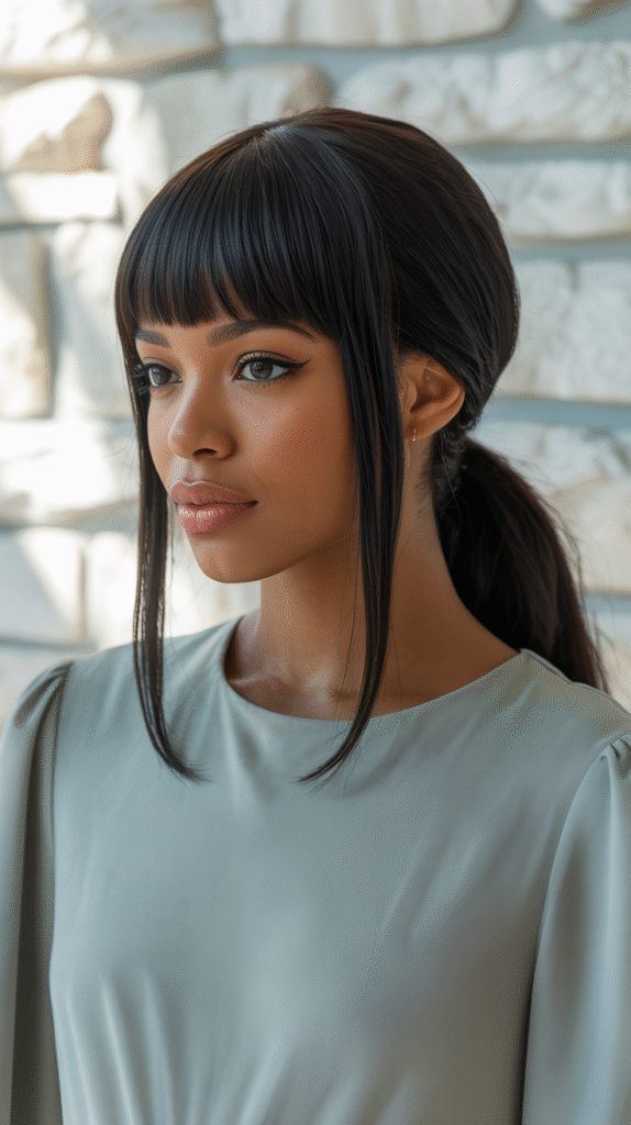 15 Straight Hairstyles for Black Women 13 Sleek Ponytail with Straight Bangs